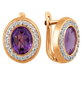 золотые серьги с аметистом и фианитами
