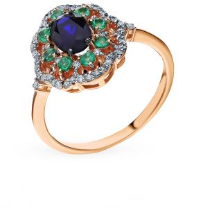 Золотое кольцо с сапфиром, изумрудами и бриллиантами