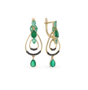 Золотые серьги с агатами, бриллиантами и изумрудами