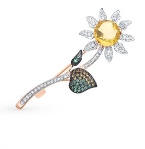 золотая брошь с фианитами, изумрудами и цитринами