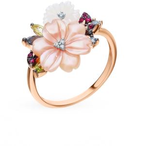 золотое кольцо с рубинами, сапфирами, хризолитом, топазами, перламутром и бриллиантами