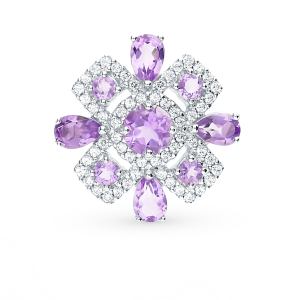 серебряная брошь с аметистом и фианитами