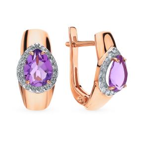 золотые серьги с аметистом и фианитами