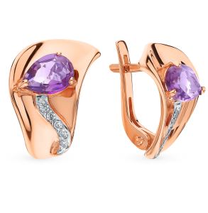 золотые серьги с аметистом и фианитами