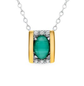 серебряное шейное украшение с фианитами и кошачьими глазами