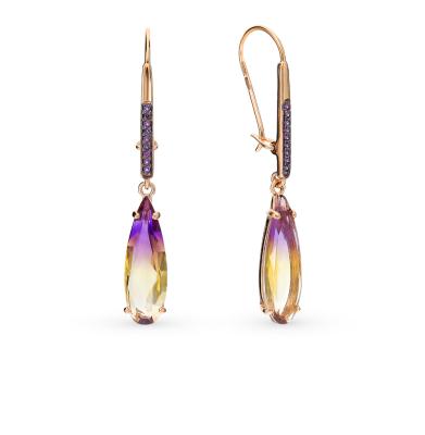 Золотые серьги с аметрином и фианитами