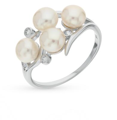 Серебряное кольцо с фианитами и жемчугом