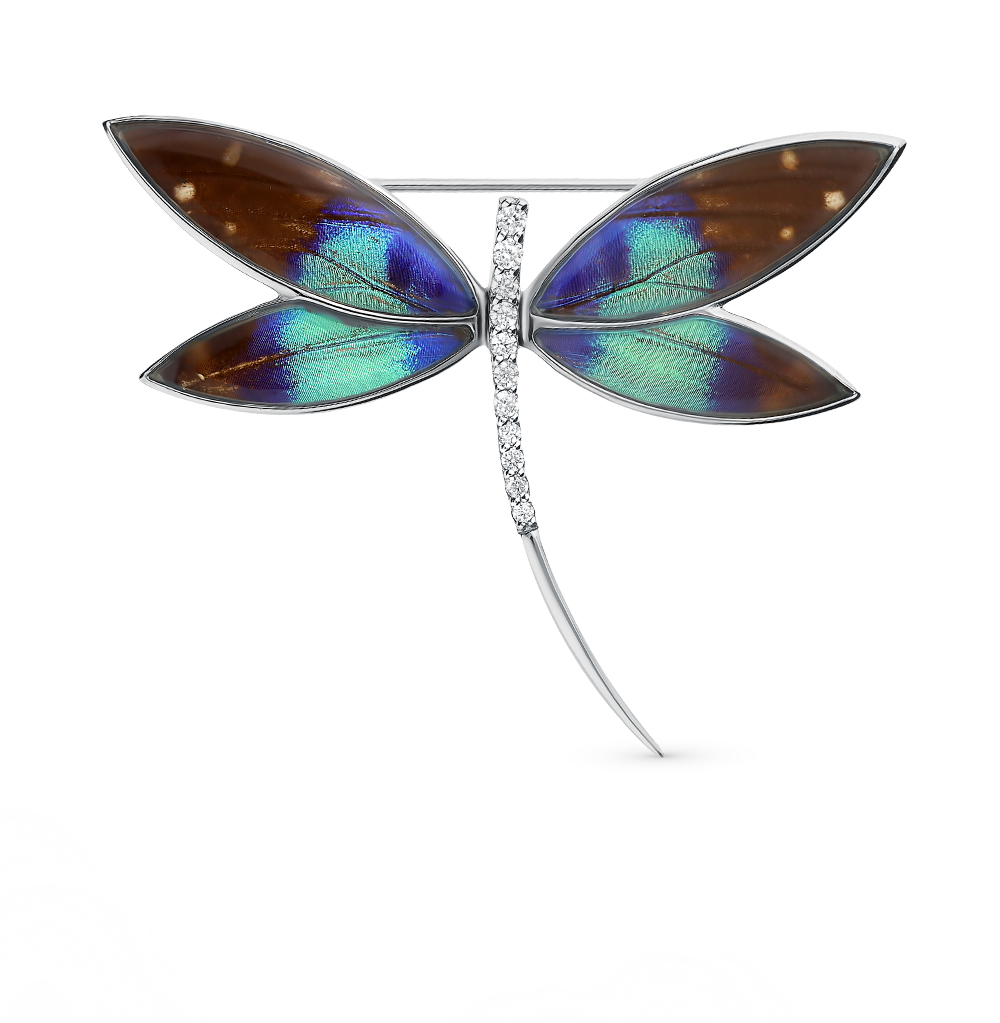 Фото «Серебряная брошь с фианитами, эмалью и крыльями бабочки, 5 см»