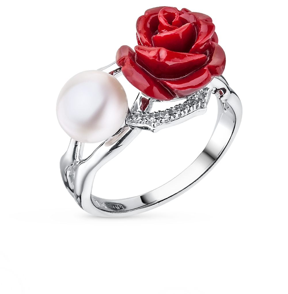 Фото «Серебряное кольцо с кораллом, жемчугом и фианитами»