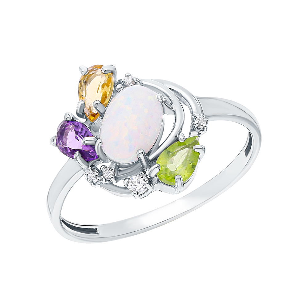 Фото «Серебряное кольцо с цитринами, опалами, фианитами, аметистом и хризолитом»