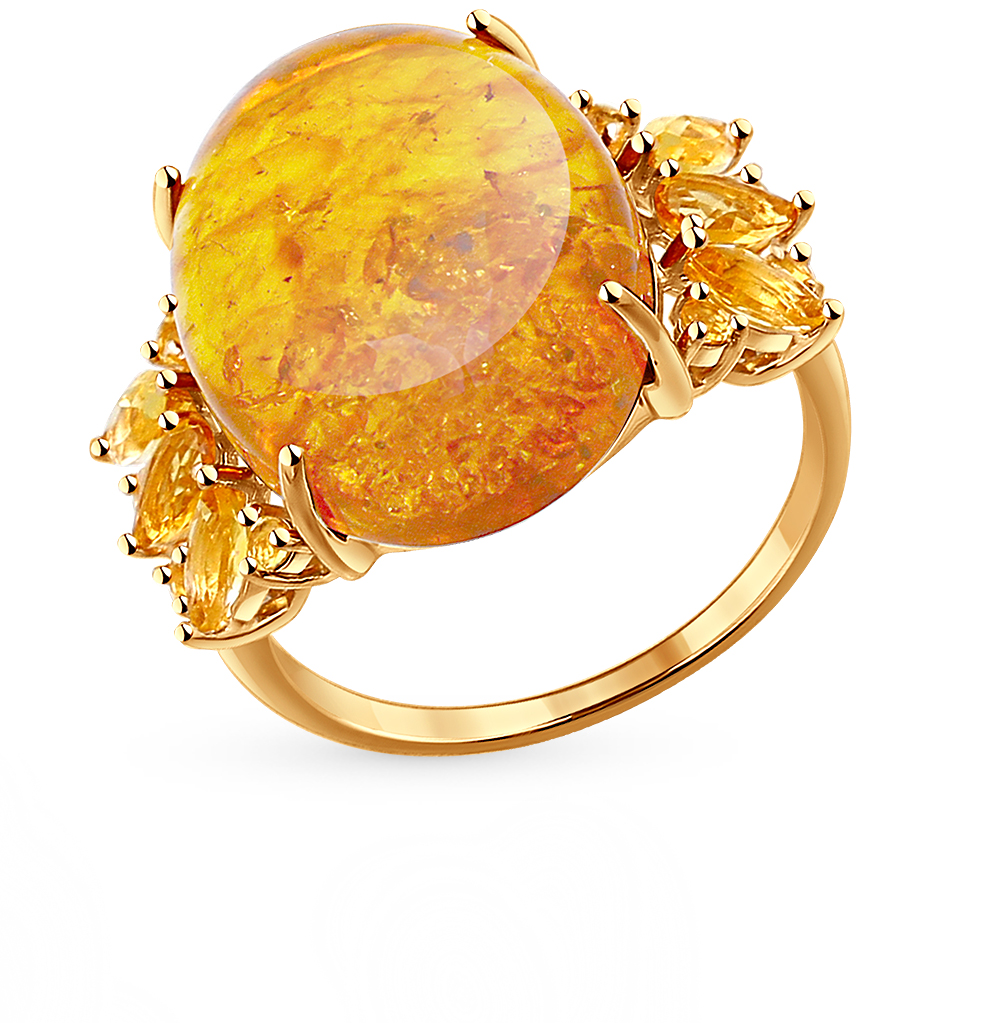 Фото «Золотое кольцо с янтарем и цитринами SOKOLOV 714234»