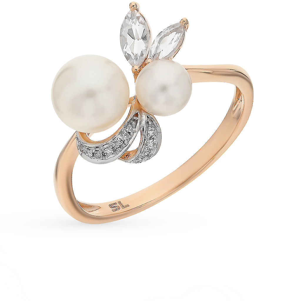 Золотое кольцо с жемчугом, топазами и бриллиантами в Краснодаре