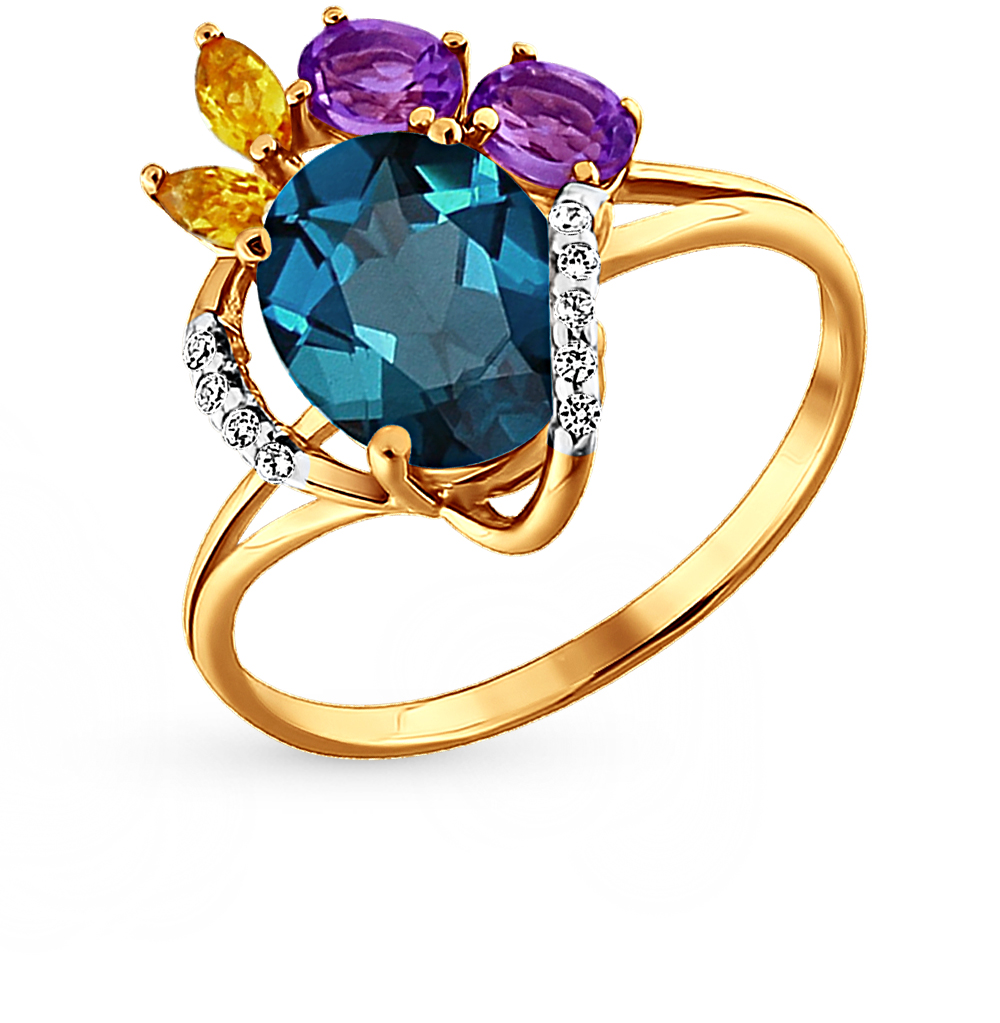 Фото «Золотое кольцо с цитринами, фианитами, топазами и аметистом»