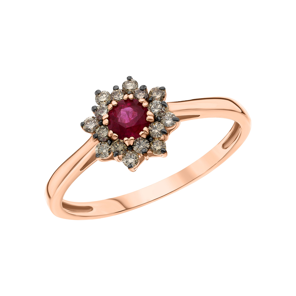 Фото «Золотое кольцо с коньячными бриллиантами и рубинами»