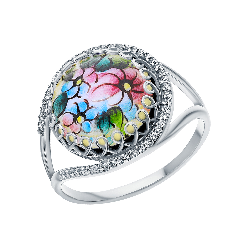Серебряное кольцо с финифтью и кубическим цирконием в Краснодаре