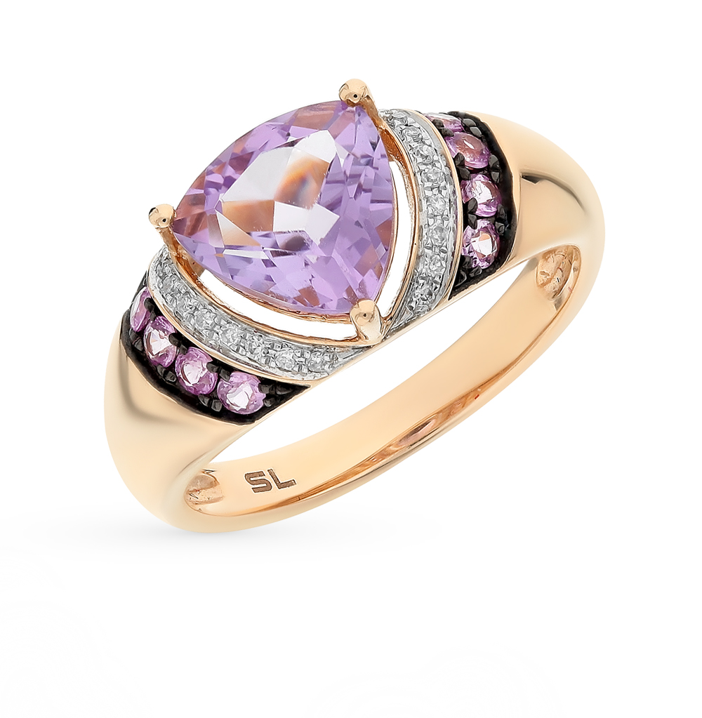 Золотое кольцо с аметистом, сапфирами и бриллиантами в Краснодаре