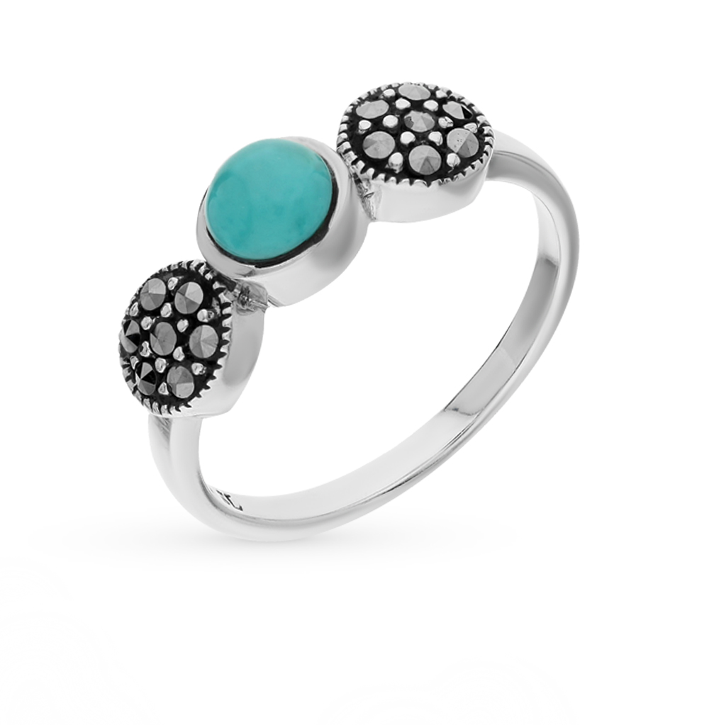 Фото «Серебряное кольцо с фианитами, бирюзой и марказитами»