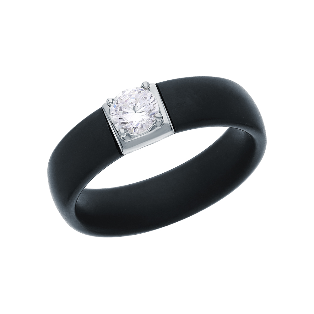 Керамическое кольцо с кубическим цирконием и серебряной вставкой в Краснодаре