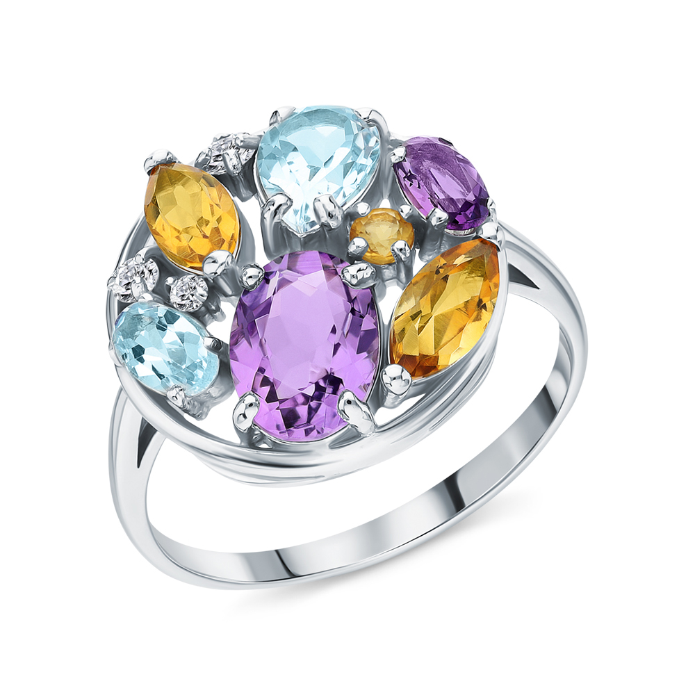 Фото «Серебряное кольцо с цитринами, фианитами, топазами и аметистом»