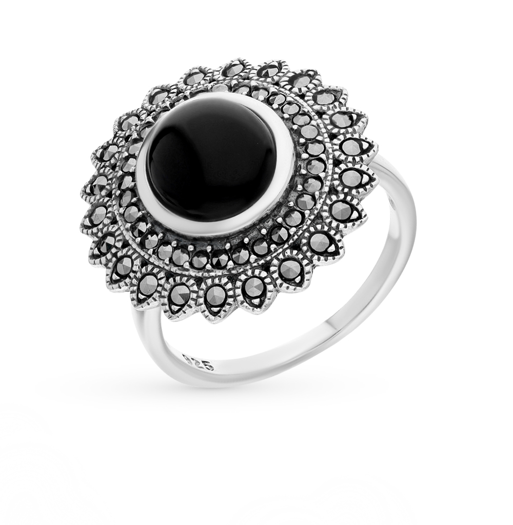 Серебряное кольцо с ониксом и марказитами в Екатеринбурге