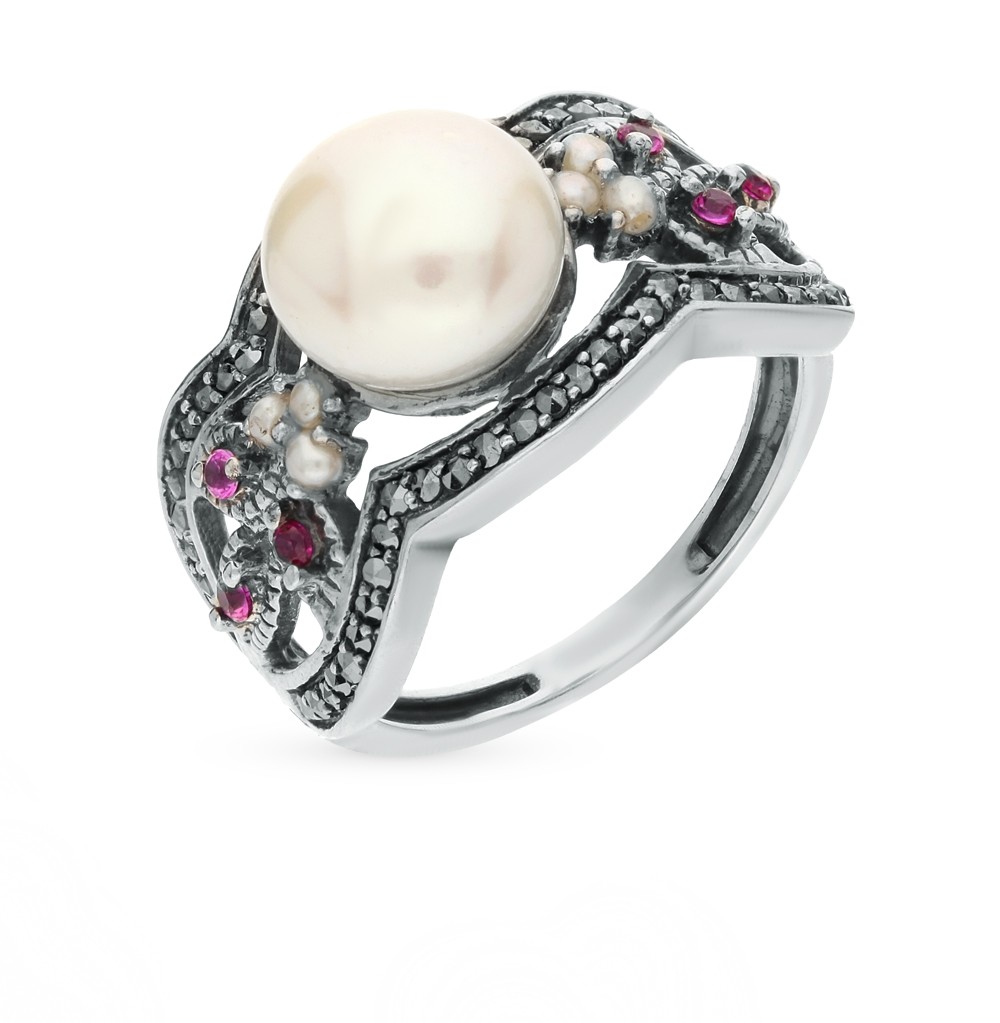 Фото «Серебряное кольцо с жемчугом, сапфирами и марказитами»
