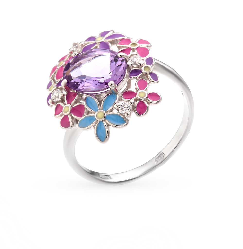 Фото «Серебряное кольцо с эмалью, фианитами и аметистом»